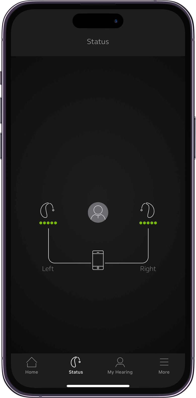 Battery status interface of the Hearing Australia app displayed on a mobile phone screen