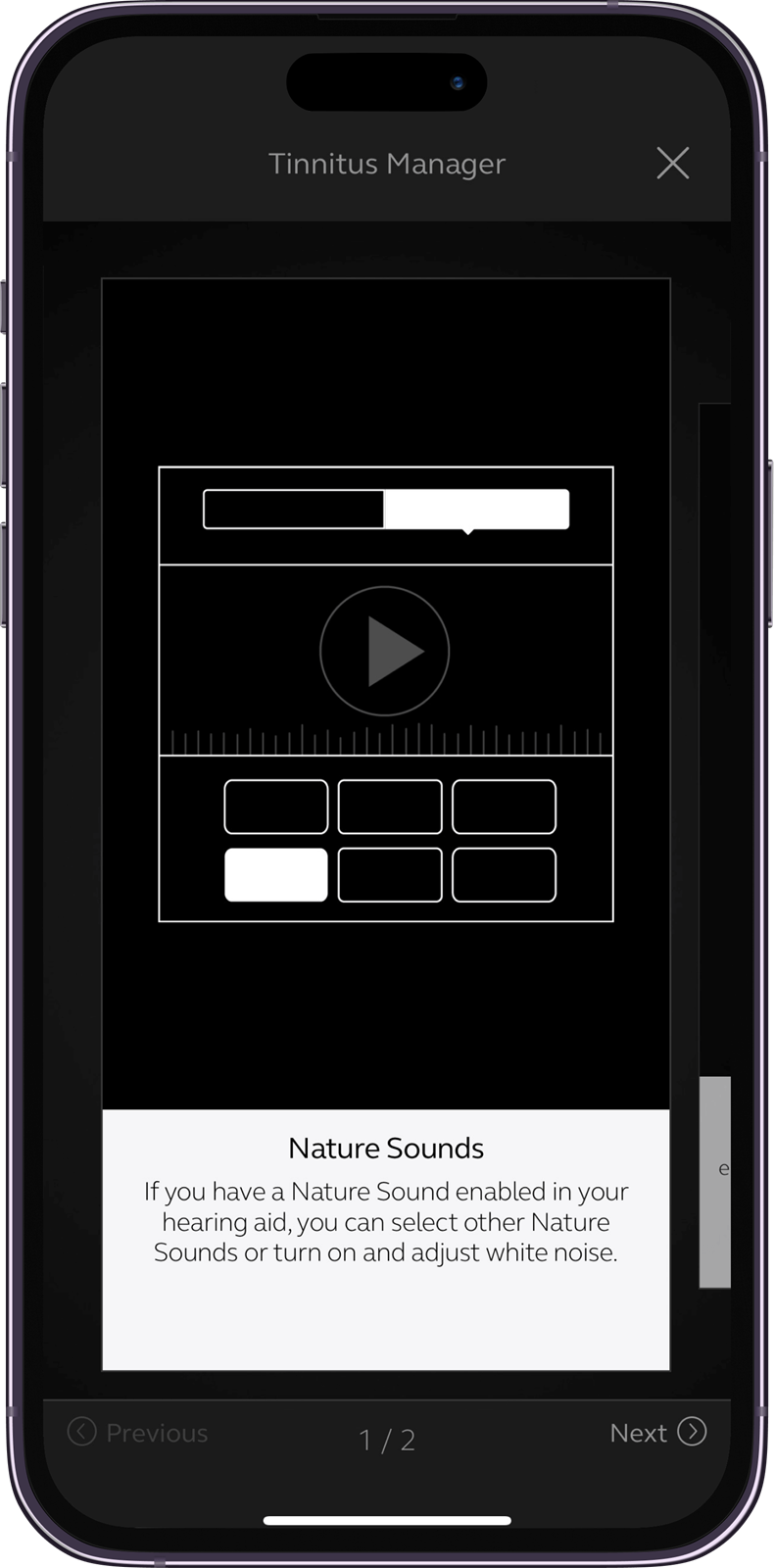 Tinnitus management interface on the Hearing Australia app displayed on a mobile phone screen