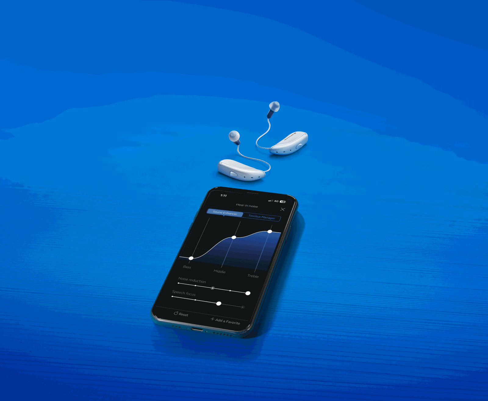 Hearing Australia app interface displayed on a phone screen, managing hearing aids with personalised settings